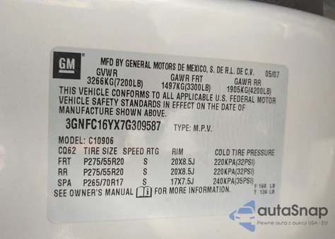 2007 Chevrolet Suburban 1500 Ltz z USA, uszkodzony, nr VIN 3GNFC16YX7G309587